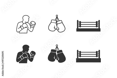 Boxing icons set: boxer, gloves, ring - black and white designs.