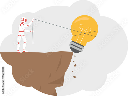 Robot pulling an idea lightbulb into a deep cliff hole