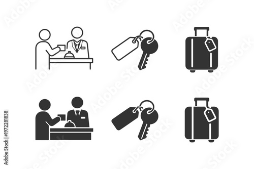 Hotel reception icons: check-in, key, luggage, service counter illustrations.