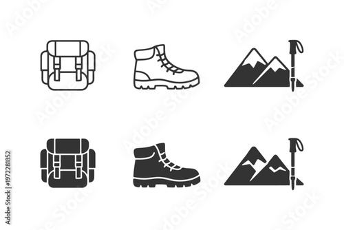 Hiking gear icons set featuring backpack, boots, mountains, and walking stick.