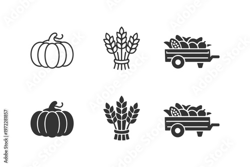 Autumn harvest icons: pumpkin, wheat, and veggie cart in black and white.