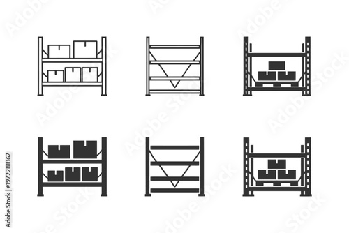 Warehouse storage racks: simple icons of industrial shelving units.