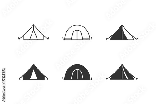 Set of six minimalist tent icons in various styles.