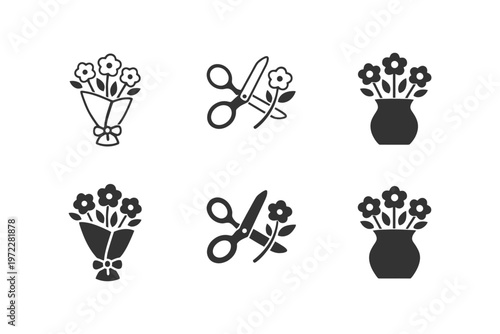 Floral icons collection featuring scissors and vases in black and white silhouette.