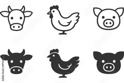 Set of farm animal icons: cow, chicken, pig in line and solid styles.