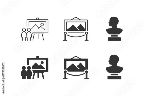 Art gallery icons: exhibit, sculpture bust, group viewing displays.