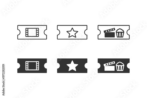 Icon set of movie tickets with film reel, star, and snack symbols in black and white.