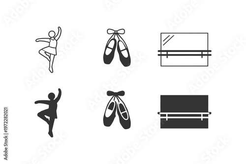 Ballet icons set featuring dancer silhouettes, pointe shoes, and studio mirrors.