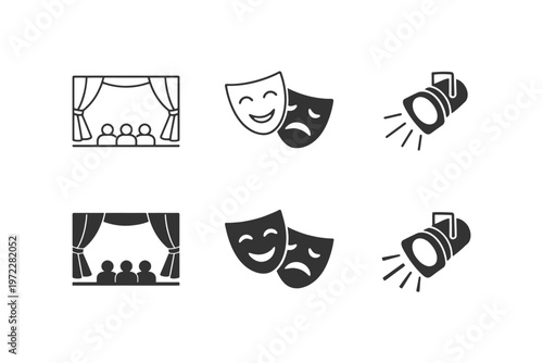 Theater icons set with stage, comedy and tragedy masks, spotlights.