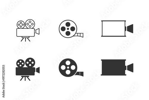 Film and camera icons set - movie wheels and projector designs.