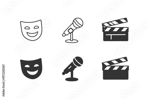 Theater arts icons: comedy mask, microphone, clapperboard in black and white.