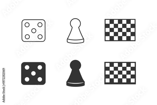 Dice, pawn, and checkered board minimalist icons set.
