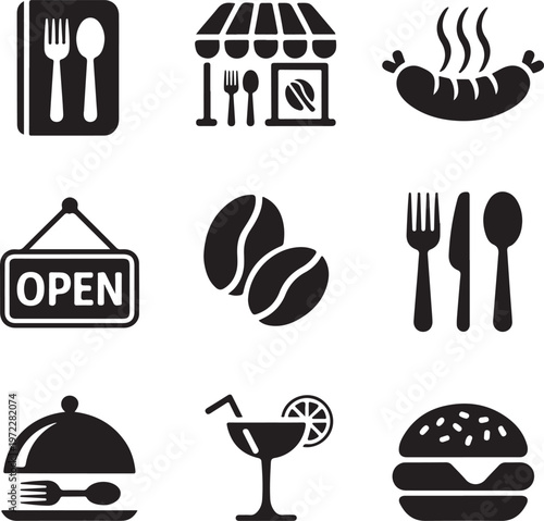 Collection of restaurant and food service icons in black and white