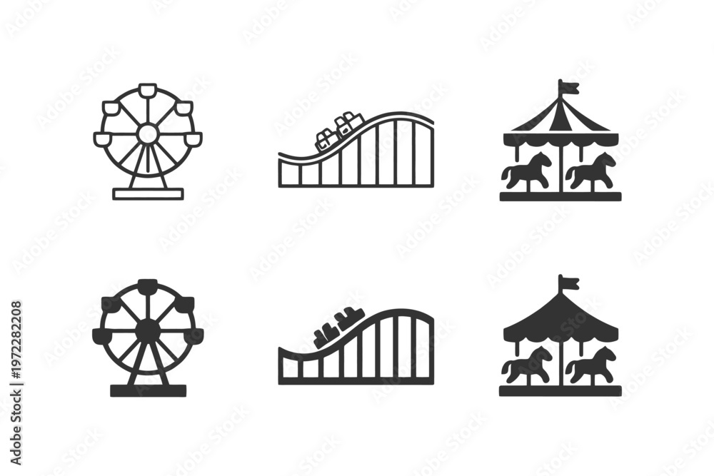 Naklejka premium Amusement park icon set with ferris wheel, roller coaster, and carousel.