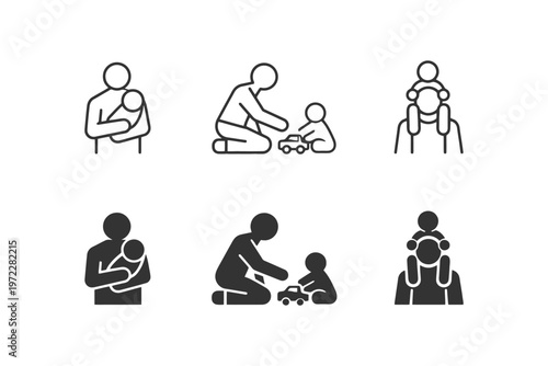 Parental icons: family bonding and childcare illustrations in black and white.