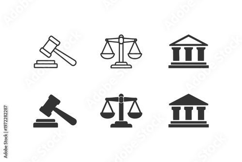 Judicial icons set: gavel, scales of justice, courthouse symbols.
