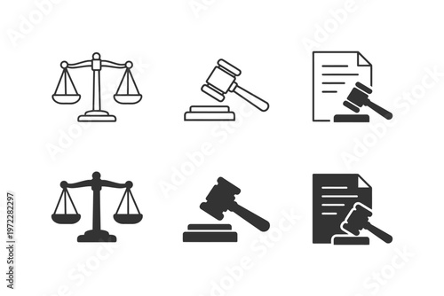 Legal icons set featuring scales and gavels for justice and law concepts.