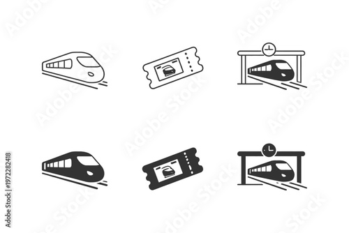 Train icons set: high-speed train, ticket, station entrance symbols.