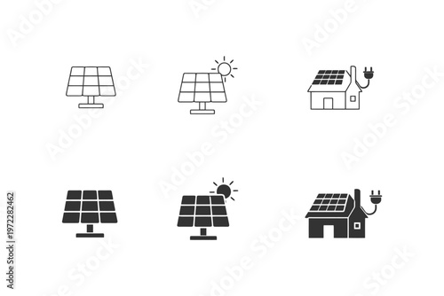 Solar panel and renewable energy icons set with sun and house elements.