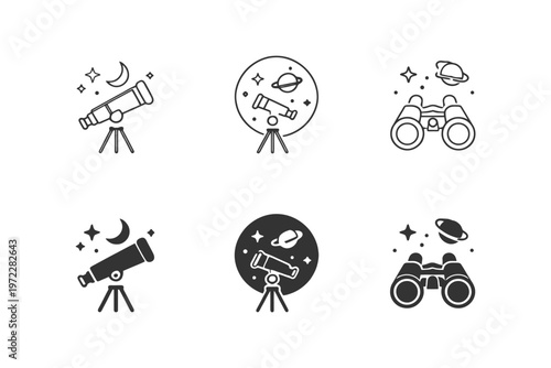 Astronomy symbols: telescopes binoculars stars and planets icons.