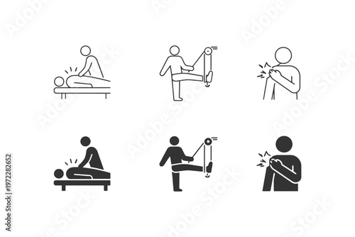 Physical therapy icon set: exercises, pain relief, rehabilitation activities.