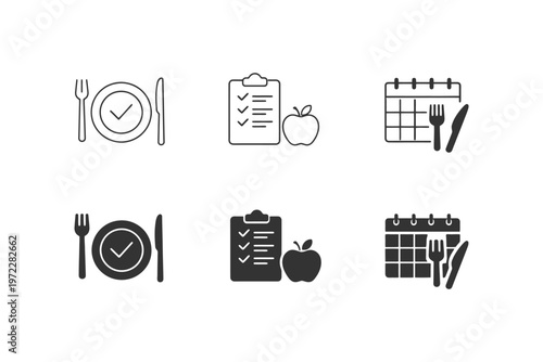 Meal planning icons: checklists, apples, calendars, forks, knives.