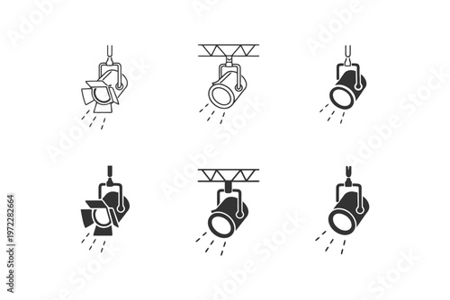 Theatrical stage spotlights in various hanging and lighting positions.