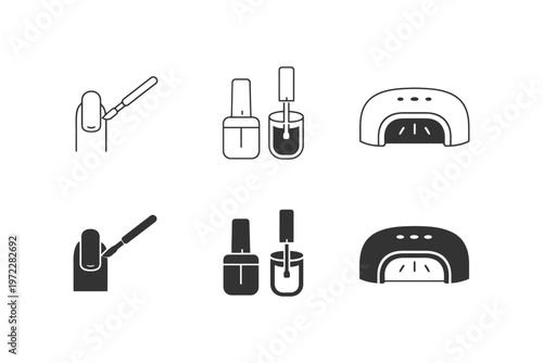 Black and white nail care icons featuring polish bottles and uv lamp.