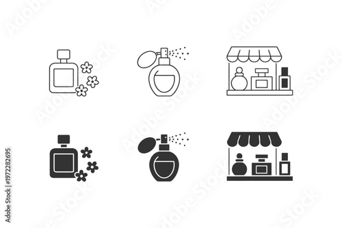 Perfume icons set: bottle, spray, and shop designs in black and white.