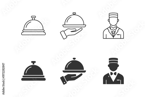 Concierge bell and service icons featuring male hotel staff in uniform.