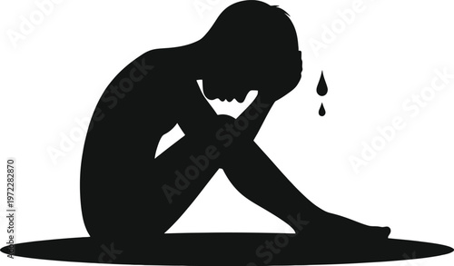 Sad depressed person silhouette sitting crying mental health concept vector illustration 