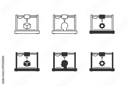 Set of six 3d printer icons: cube, head, gear designs in black and white.