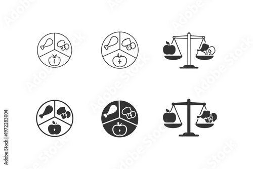 Balanced diet icons: fruits, vegetables, meat, and health scales in minimalist design.