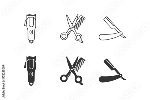 Barber tools set: clippers, scissors, straight razor icons for grooming.