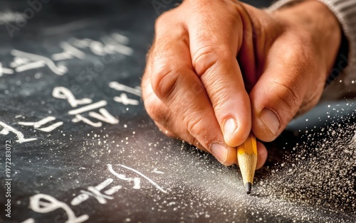 Teacher's Hand Writing Equations with Chalk on Dusty Blackboard