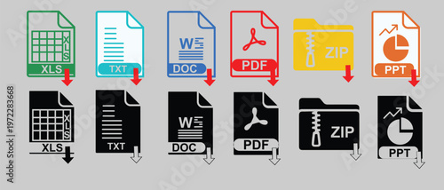 File Format Icon Set – XLS, PPT, DOC, PDF, TXT & ZIP .Document File format extensions Type Vector Pack