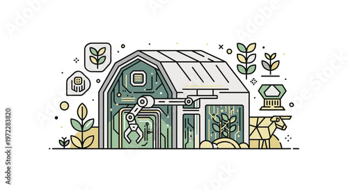 Modern smart agriculture illustration featuring a robotic arm and plants concept