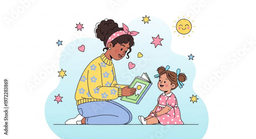 Mother reading storybook to little daughter in cute flat art style