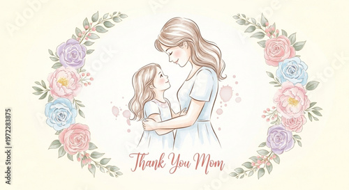 Thank You Mom warm illustration of mother and daughter looking at each other