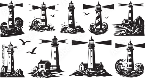 Lighthouse Illustrations in Black and White Style