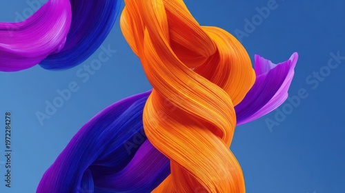 Flowing ribbons of vibrant colors twist against a gradient blue backdrop