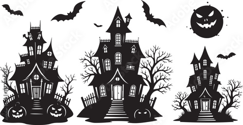 Halloween haunted houses with pumpkins and bats