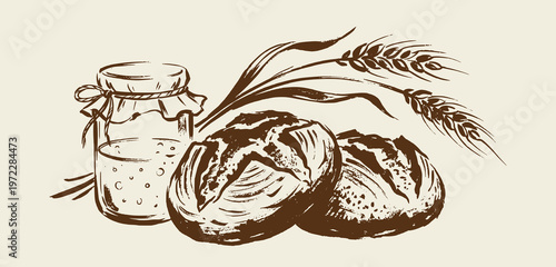 Sourdough Bread with Starter Jar and Wheat Stalks Vector Illustration Drawing, Rustic Hand-Drawn Vintage Sketch Style for Artisan Bakery, Organic Loaves Graphic
