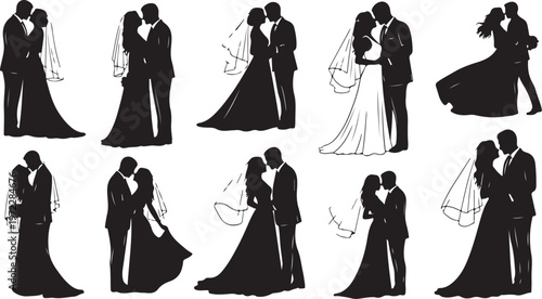Silhouettes of romantic couples on their wedding day