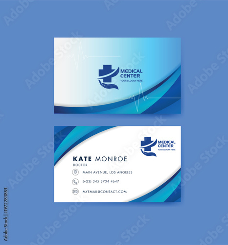 Medical Center Business Card Template with Modern Blue Wave Design and Heartbeat Line