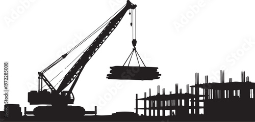 Construction site with crane and building materials