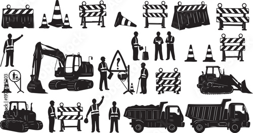 Construction Site Silhouettes with Workers and Equipment Icons