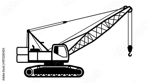 Heavy Construction Crane Black Silhouette Outline, Industrial Building Equipment on Isolated White Background