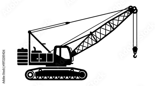 Heavy Construction Crane Black Silhouette, Industrial Building Equipment on Isolated White Background