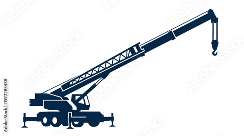 Heavy Construction Crane Silhouette in Dark Blue, Industrial Building Equipment on Isolated White Background